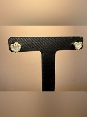 Gold Tone Heart Stud Earrings with White Inlay and Pave